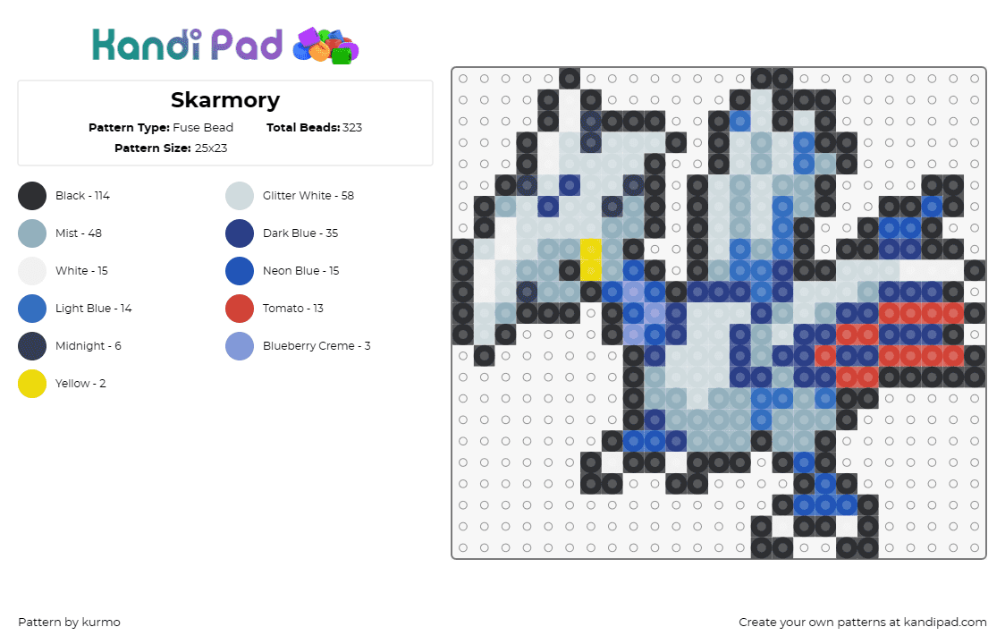 Skarmory - Fuse Bead Pattern by kurmo on Kandi Pad - pokemon,skarmory,anime,tv shows