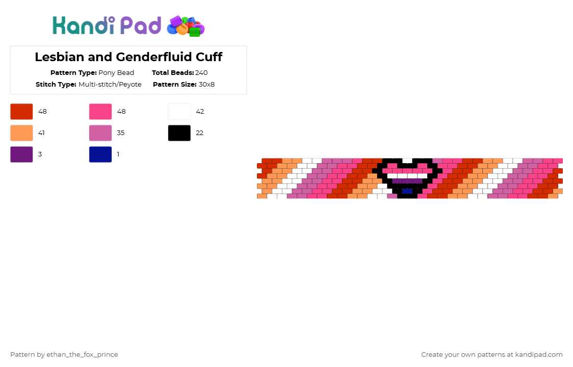 Lesbian and Genderfluid Cuff - Pony Bead Pattern by deleted_user_195948 on Kandi Pad - red,pink,lesbian,genderfluid,pride
