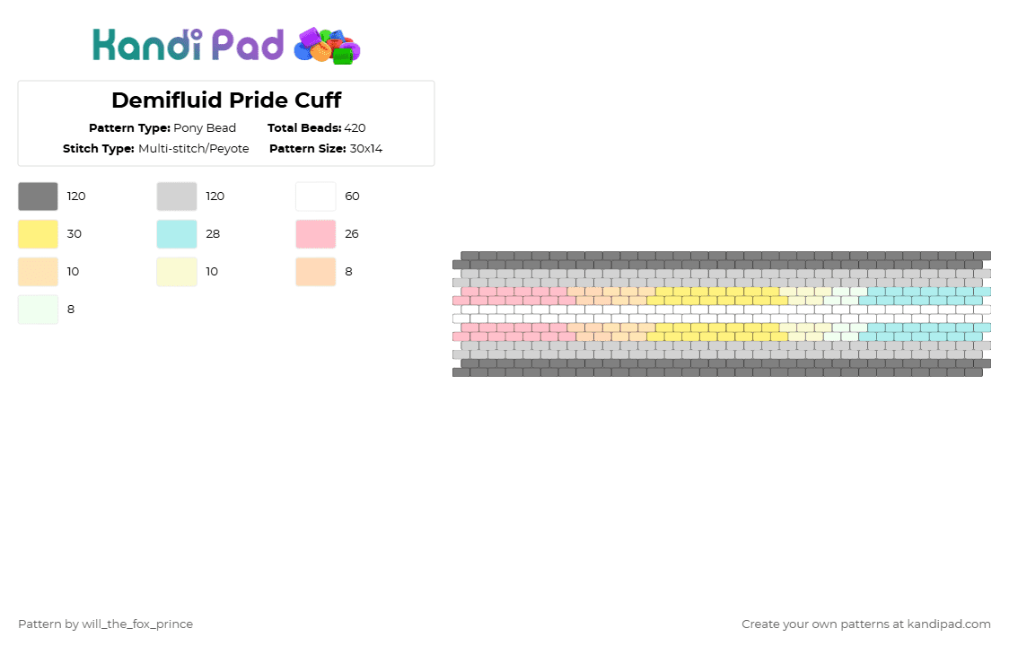 Demifluid Pride Cuff - Pony Bead Pattern by deleted_user_195948 on Kandi Pad - white,gray,demifluid,genderfluid,pride,lgbtq