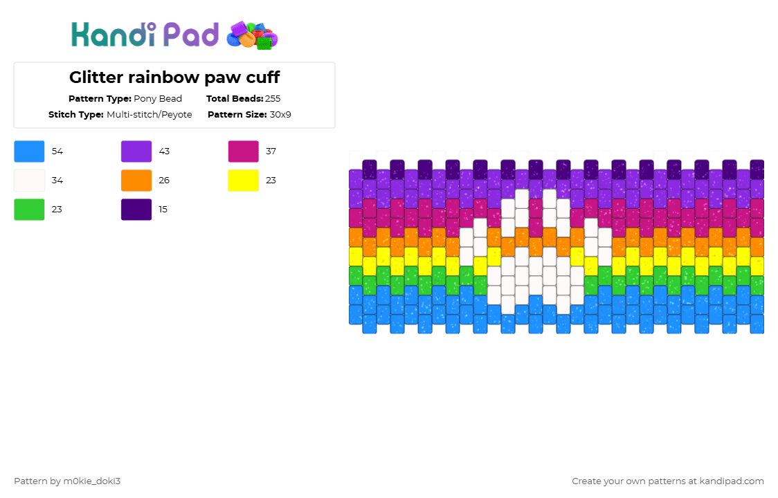 Glitter rainbow paw cuff - Pony Bead Pattern by m0kie_doki3 on Kandi Pad - purple,pink,light blue