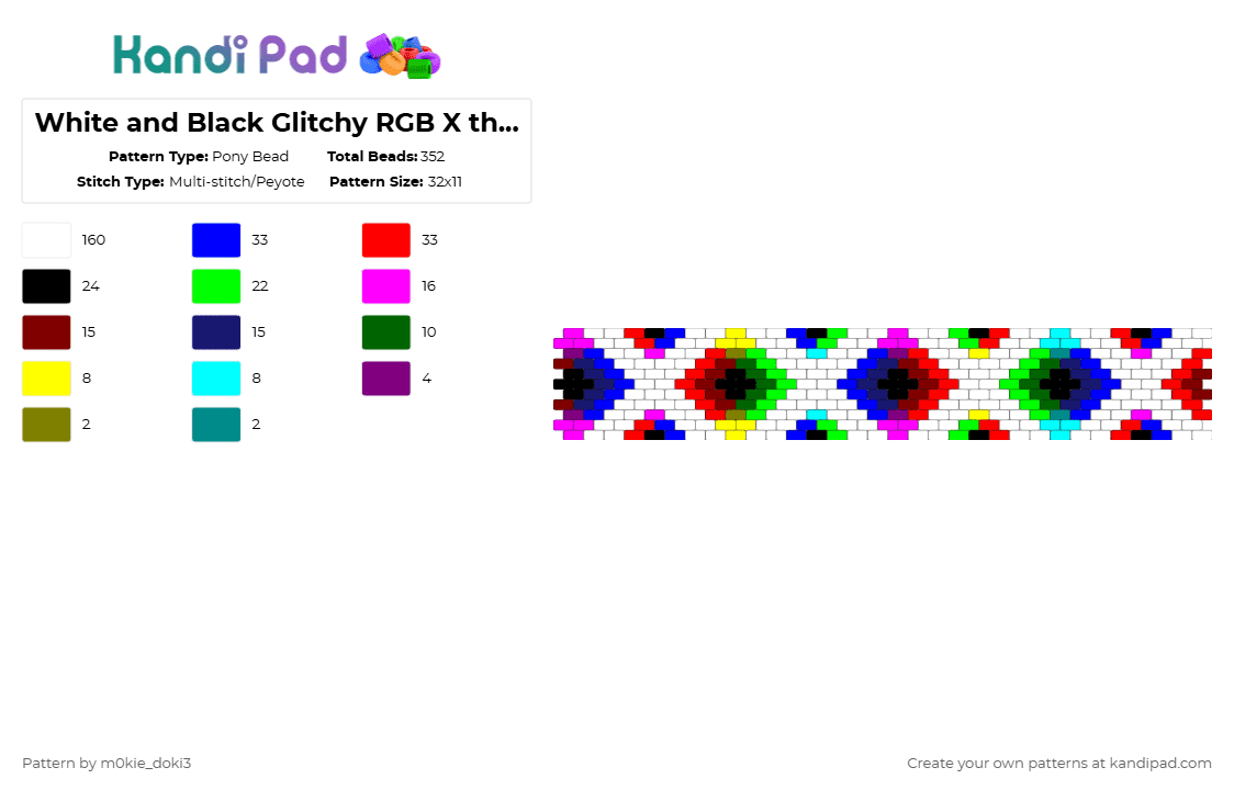 White and Black Glitchy RGB X themed cuff - Pony Bead Pattern by m0kie_doki3 on Kandi Pad - white,purple,green,red,colorful