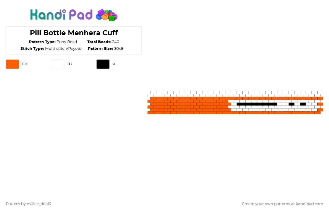 Pill Bottle Menhera Cuff - Pony Bead Pattern by m0kie_doki3 on Kandi Pad - white,orange