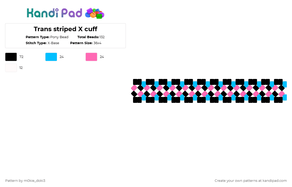 Trans striped X cuff - Pony Bead Pattern by m0kie_doki3 on Kandi Pad - black,light blue,pink