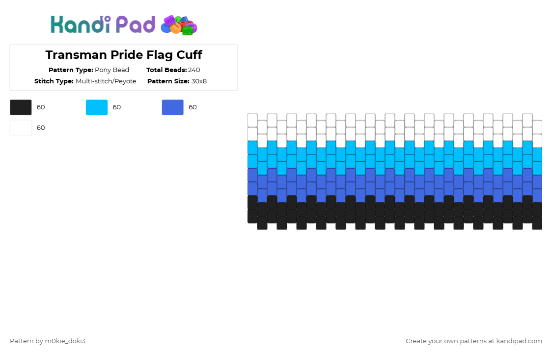 Transman Pride Flag Cuff - Pony Bead Pattern by m0kie_doki3 on Kandi Pad - light blue,blue,pride,lgbtq