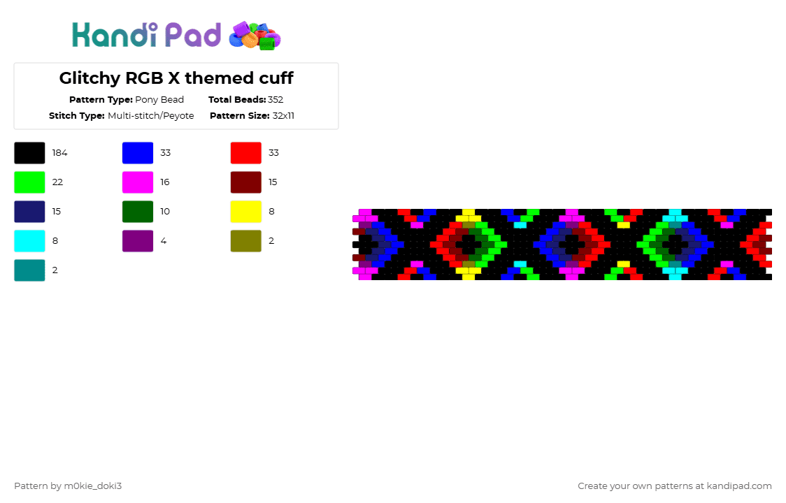 Glitchy RGB X themed cuff - Pony Bead Pattern by m0kie_doki3 on Kandi Pad - black,purple,green,red,colorful
