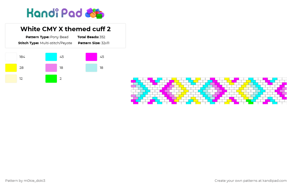 White CMY X themed cuff 2 - Pony Bead Pattern by m0kie_doki3 on Kandi Pad - white,light blue,pink,yellow
