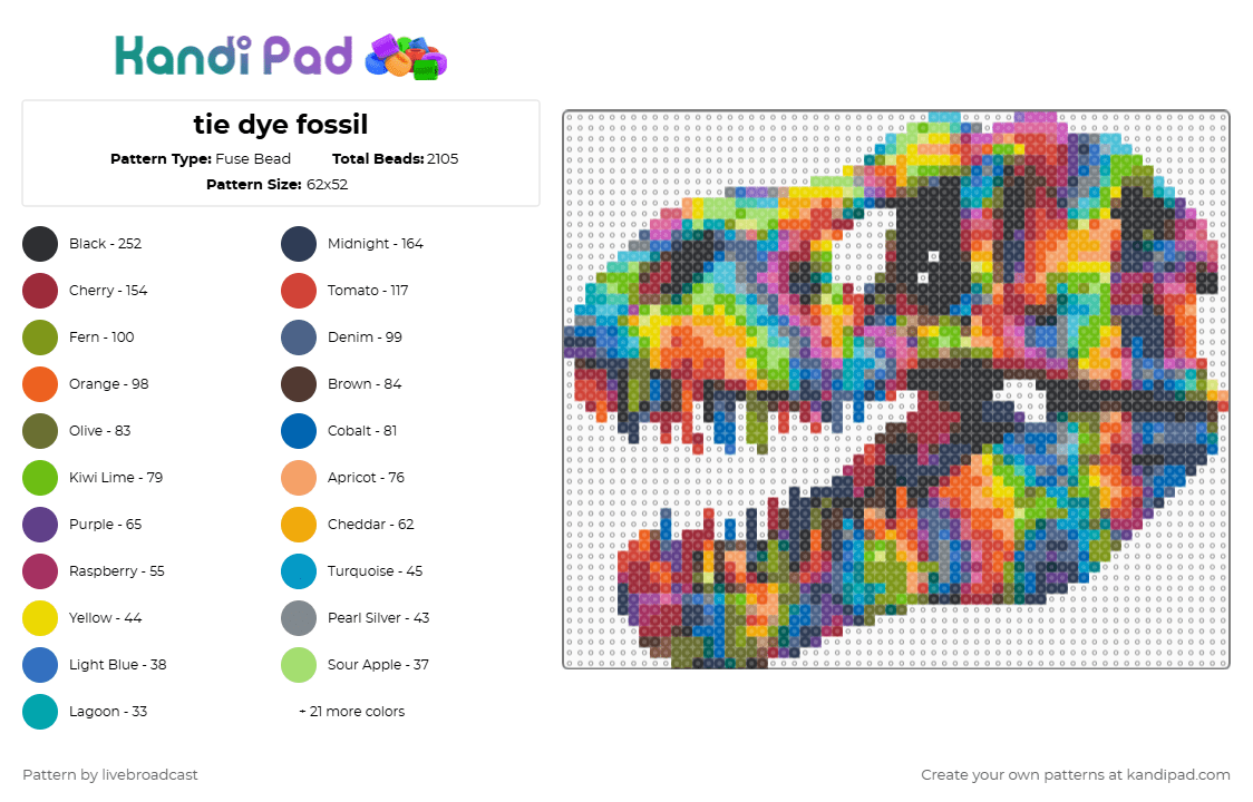 tie dye fossil - Fuse Bead Pattern by livebroadcast on Kandi Pad - trex,dinosaur,fossil,skull,trippy,halloween,spooky,pink,red,purple,gold,colorful