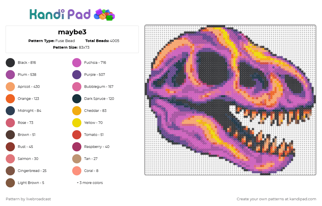 maybe3 - Fuse Bead Pattern by livebroadcast on Kandi Pad - dinosaur,heat map,skull,trippy,trex,fossil,halloween,spooky,orange,pink,purple
