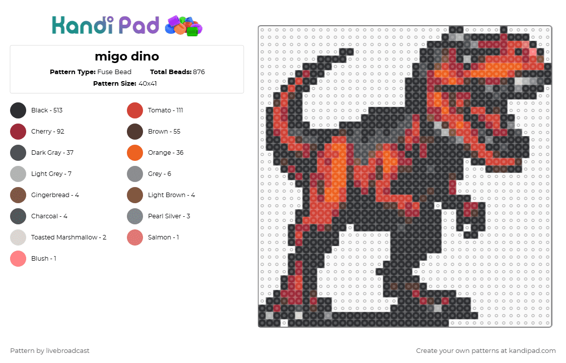 migo dino - Fuse Bead Pattern by livebroadcast on Kandi Pad - black,red,brown