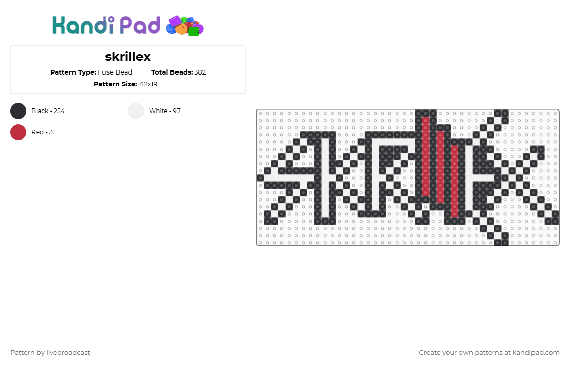 skrillex - Fuse Bead Pattern by livebroadcast on Kandi Pad - skrillex,dj,dubstep,edm,music,logo,electronic music,artist,black,white