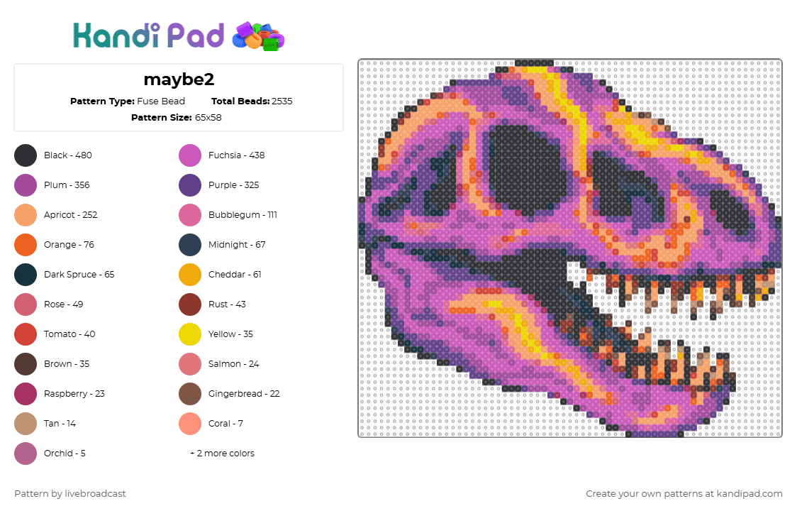 maybe2 - Fuse Bead Pattern by livebroadcast on Kandi Pad - dinosaur,heat map,skull,trippy,trex,fossil,halloween,spooky,orange,pink,purple