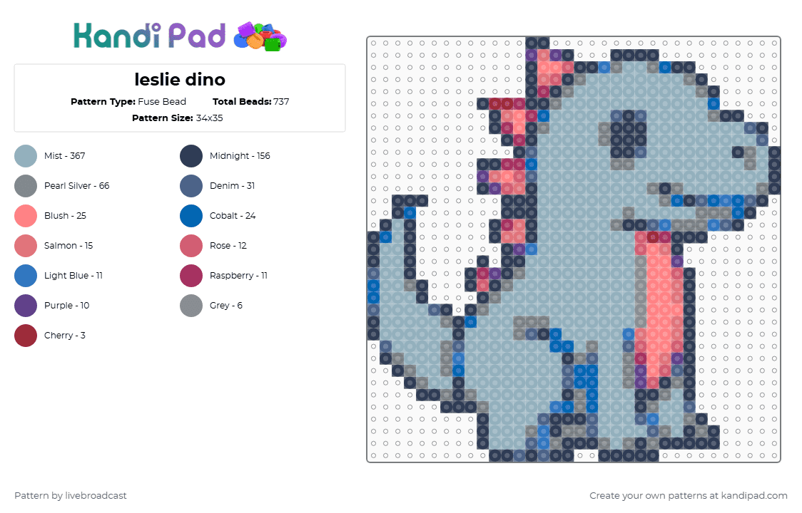 leslie dino - Fuse Bead Pattern by livebroadcast on Kandi Pad - purple,light blue