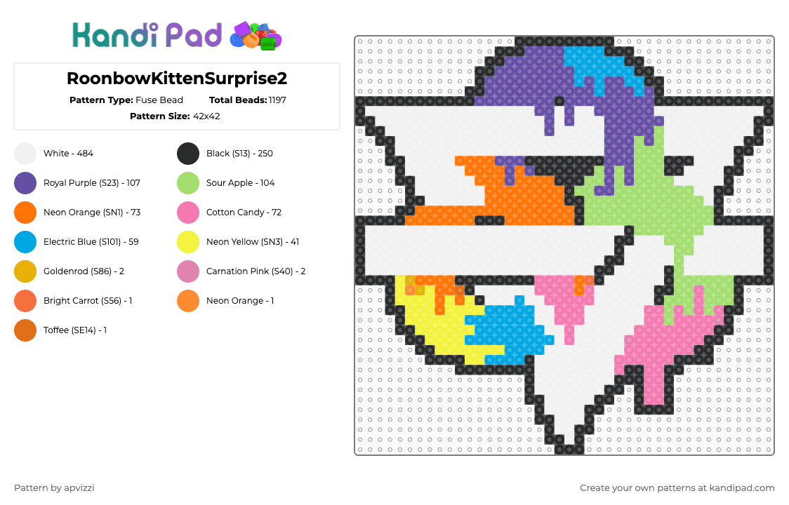 RoonbowKittenSurprise2 - Fuse Bead Pattern by apvizzi on Kandi Pad - rainbow kitten surprise,bonnaroo,band,music,festival,drippy,trippy,psychedelic,cat,animal,rainbow,colorful,white,purple,orange