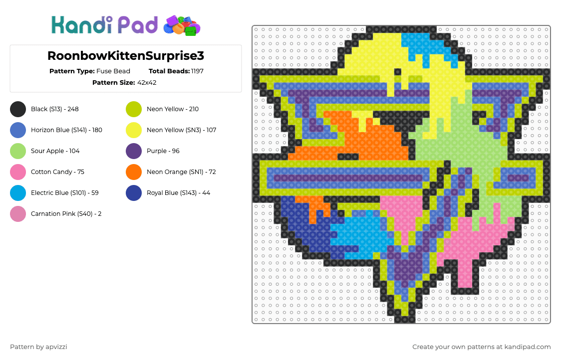 RoonbowKittenSurprise3 - Fuse Bead Pattern by apvizzi on Kandi Pad - rainbow kitten surprise,bonnaroo,band,music,festival,drippy,trippy,psychedelic,rainbow,kitten,cat,colorful,animal,green,blue,purple
