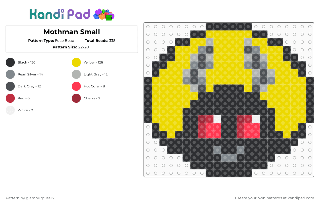 Mothman Small - Fuse Bead Pattern by glamourpuss15 on Kandi Pad - black,yellow,mothman,cryptid,moth