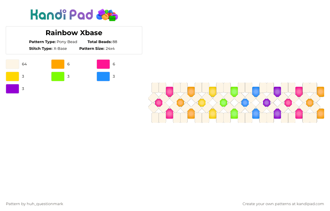 Rainbow Xbase - Pony Bead Pattern by huh_questionmark on Kandi Pad - white,orange,pink,rainbow,xbase,x base