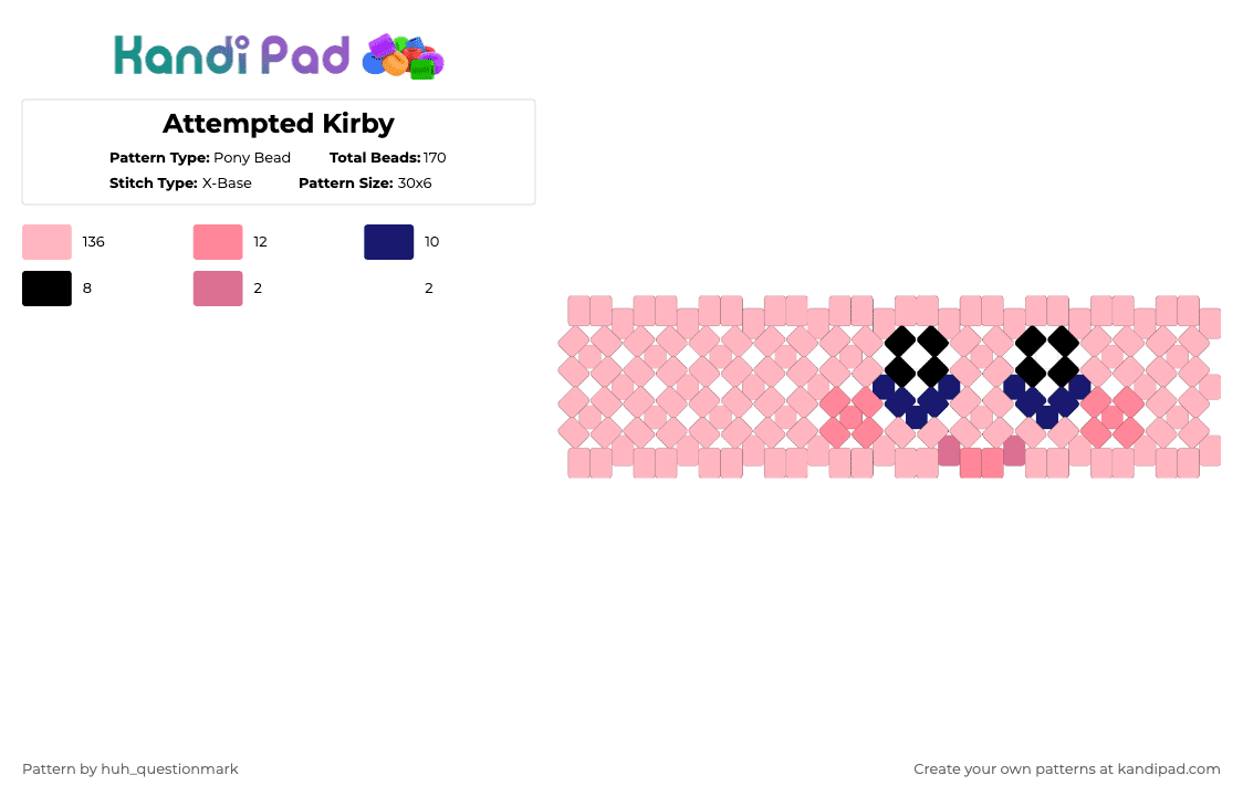 Attempted Kirby - Pony Bead Pattern by huh_questionmark on Kandi Pad - kirby,cuff,xbase,face,cute,video game,x-stitch,gaming,anime,xstitch,nintendo,game,pink