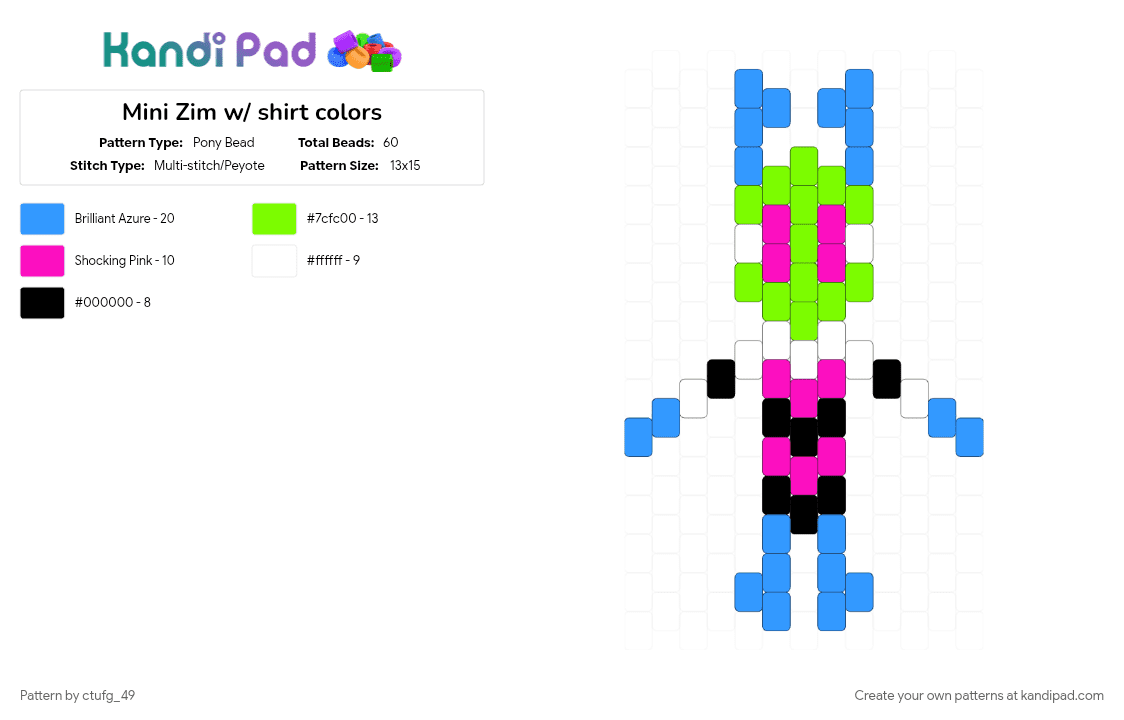 Mini Zim w/ shirt colors - Pony Bead Pattern by ctufg_49 on Kandi Pad - invader, invader zim, irken, iz, light blue, zim, zim iz