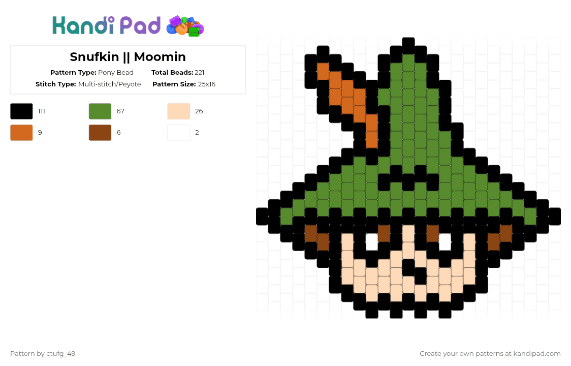 Snufkin || Moomin - Pony Bead Pattern by ctufg_49 on Kandi Pad - black,green,beige,moomin,moomins,the moomins,snufkin,snufkin moomin