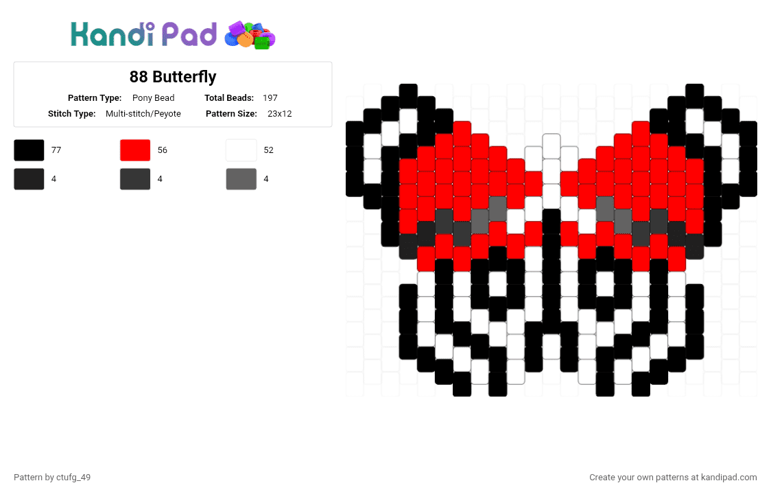 88 Butterfly - Pony Bead Pattern by ctufg_49 on Kandi Pad - red,88 butterfly,eightyeight butterfly,diaethria clymena,butterfly,white,black,remix