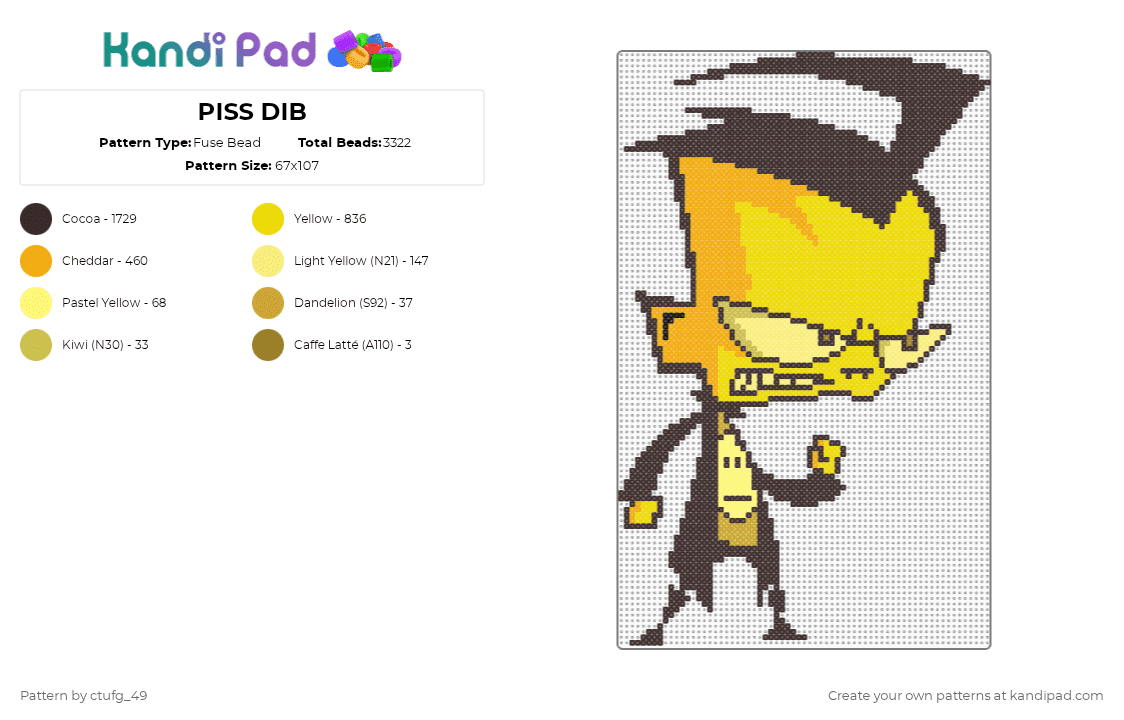 PISS DIB - Fuse Bead Pattern by ctufg_49 on Kandi Pad - brown,yellow,piss,piss dib,dib membrane,invader zim,iz,dib