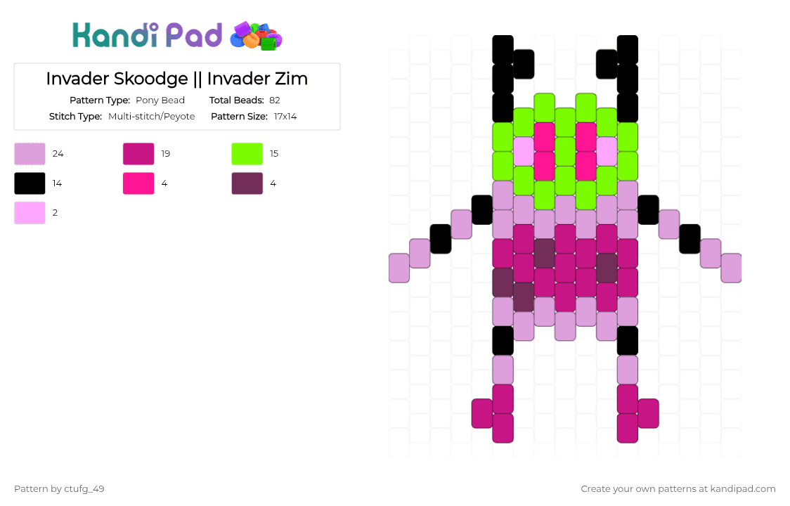 Invader Skoodge || Invader Zim - Pony Bead Pattern by ctufg_49 on Kandi Pad - pink,invader zim,iz,irken,invader,skoodge,skoodge iz,invader skoodge,invader skoodge iz