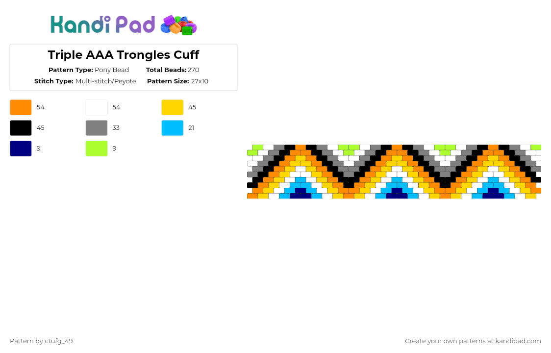 Triple AAA Trongles Cuff - Pony Bead Pattern by ctufg_49 on Kandi Pad - orange,yellow,gray,aroace,aro,ace,aromantic,asexual,agender,geometric,triangles