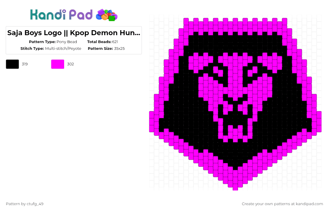 Saja Boys Logo || Kpop Demon Hunters - Pony Bead Pattern by ctufg_49 on Kandi Pad - pink,black,kpop demon hunters,saja boys,saja boys logo,kpdh saja boys,fuck ass lion