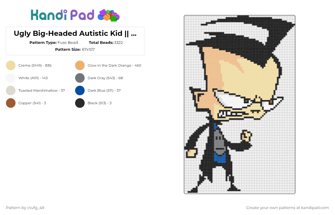 Ugly Big-Headed Autistic Kid || Invader Zim - Fuse Bead Pattern by ctufg_49 on Kandi Pad - black,orange,beige,invader zim,dib,dib membrane,iz,ugly,big head
