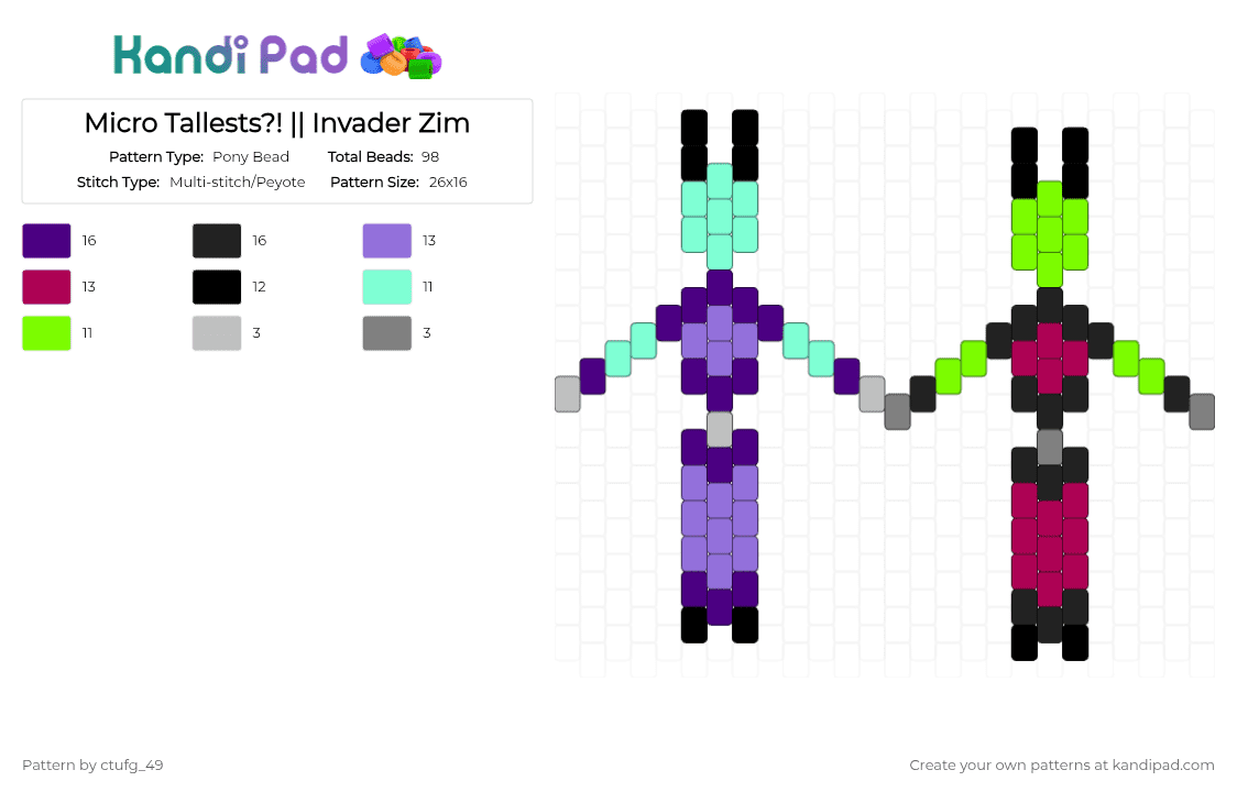 Micro Tallests?! || Invader Zim - Pony Bead Pattern by ctufg_49 on Kandi Pad - teal,purple,green,pink,tallest,almighty tallest,the almighty tallest,tallest red,tallest purple,the tallest,iz,invader zim