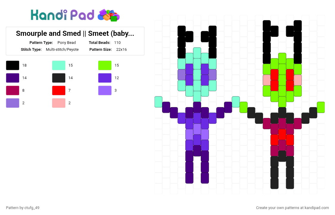 Smourple and Smed || Smeet (baby) Tallests || Imvader Zim - Pony Bead Pattern by ctufg_49 on Kandi Pad - teal,purple,green,invader zim,iz,tallest purple,tallest red,the almighty tallest,smeet red,smeet purple,smeets