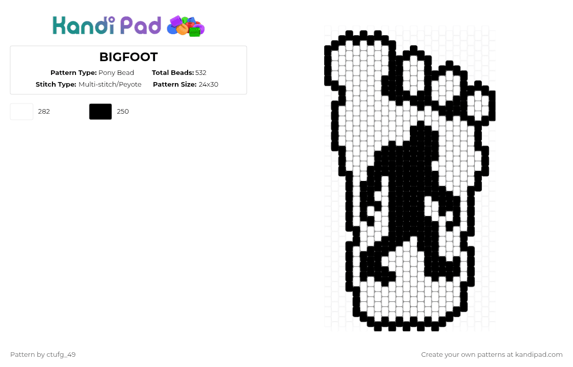 BIGFOOT - Pony Bead Pattern by ctufg_49 on Kandi Pad - black,white,bigfoot,sasquatch,wood booger,skunk ape,footprint,bigfoot footprint