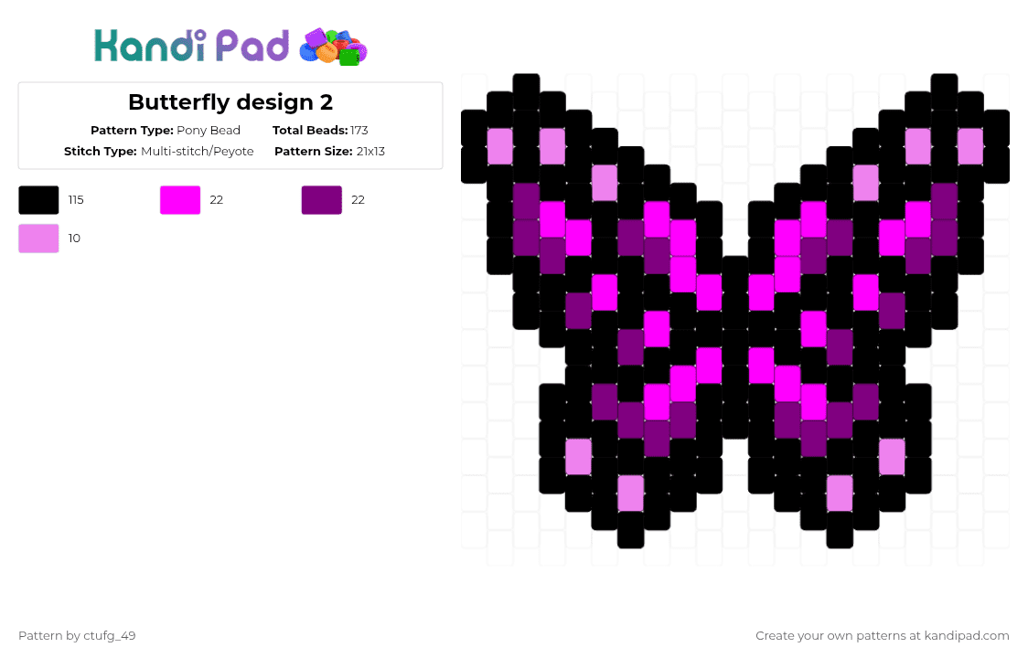 Butterfly design 2 - Pony Bead Pattern by ctufg_49 on Kandi Pad - black,pink,butterfly,remix,pink butterfly