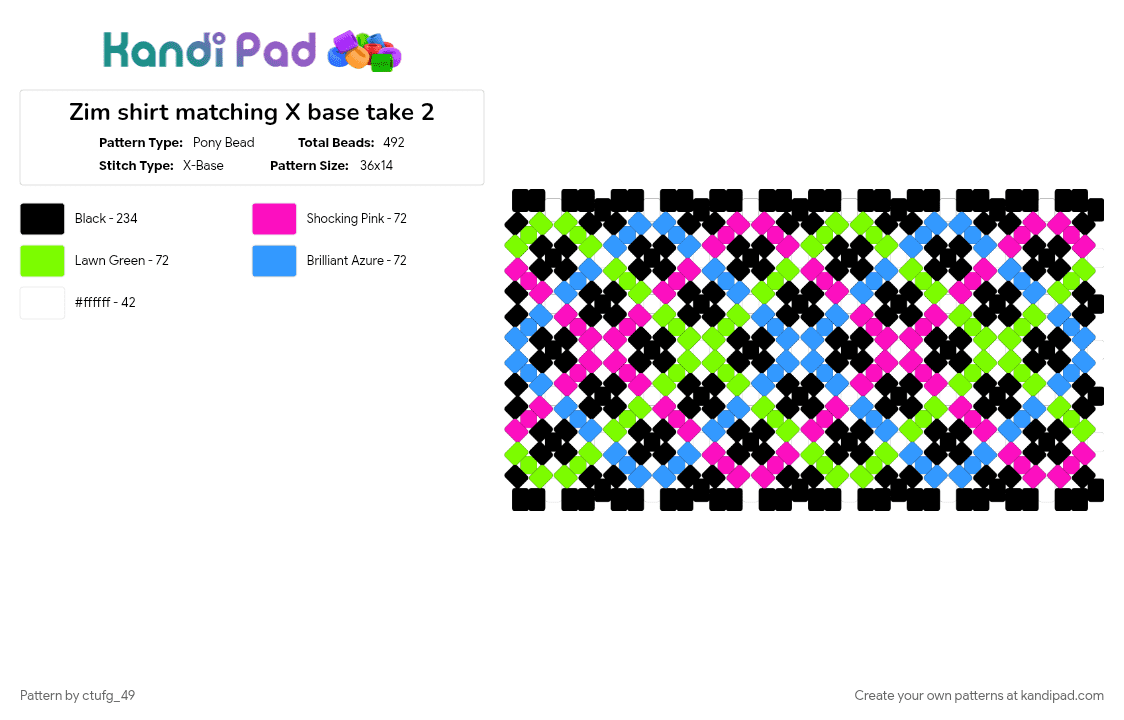 Zim shirt matching X base take 2 - Pony Bead Pattern by ctufg_49 on Kandi Pad - green, light blue, pink