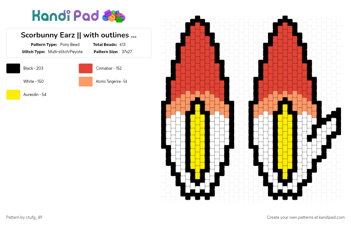 Scorbunny Earz || with outlines || Pokémon - Pony Bead Pattern by ctufg_49 on Kandi Pad - bunny ears, pokemon, pokemon sword and shield, red, scorbunny, scorbunny pokemon