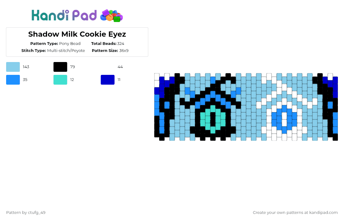 Shadow Milk Cookie Eyez - Pony Bead Pattern by ctufg_49 on Kandi Pad - light blue,crk,cookie run kingdom,shadow milk cookie,silly vanille