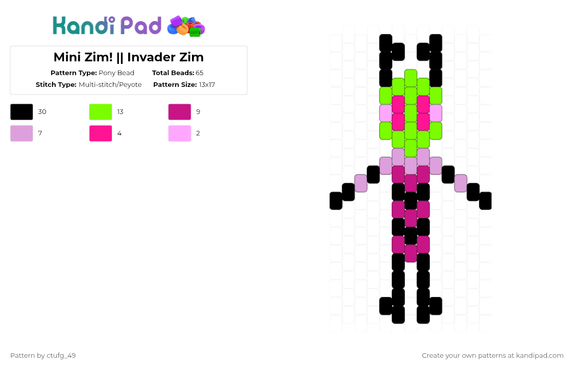 Mini Zim! || Invader Zim - Pony Bead Pattern by ctufg_49 on Kandi Pad - green,pink,zim,invader zim,iz,zim iz,irken,invader