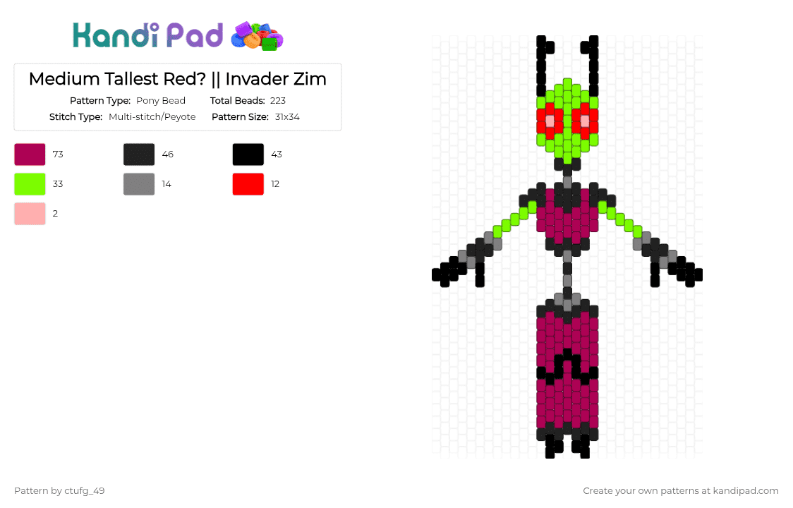 Medium Tallest Red? || Invader Zim - Pony Bead Pattern by ctufg_49 on Kandi Pad - pink,green,the almighty tallest,invader zim,iz,almighty tallest red,red,tallest red,iz red,iz tallest red