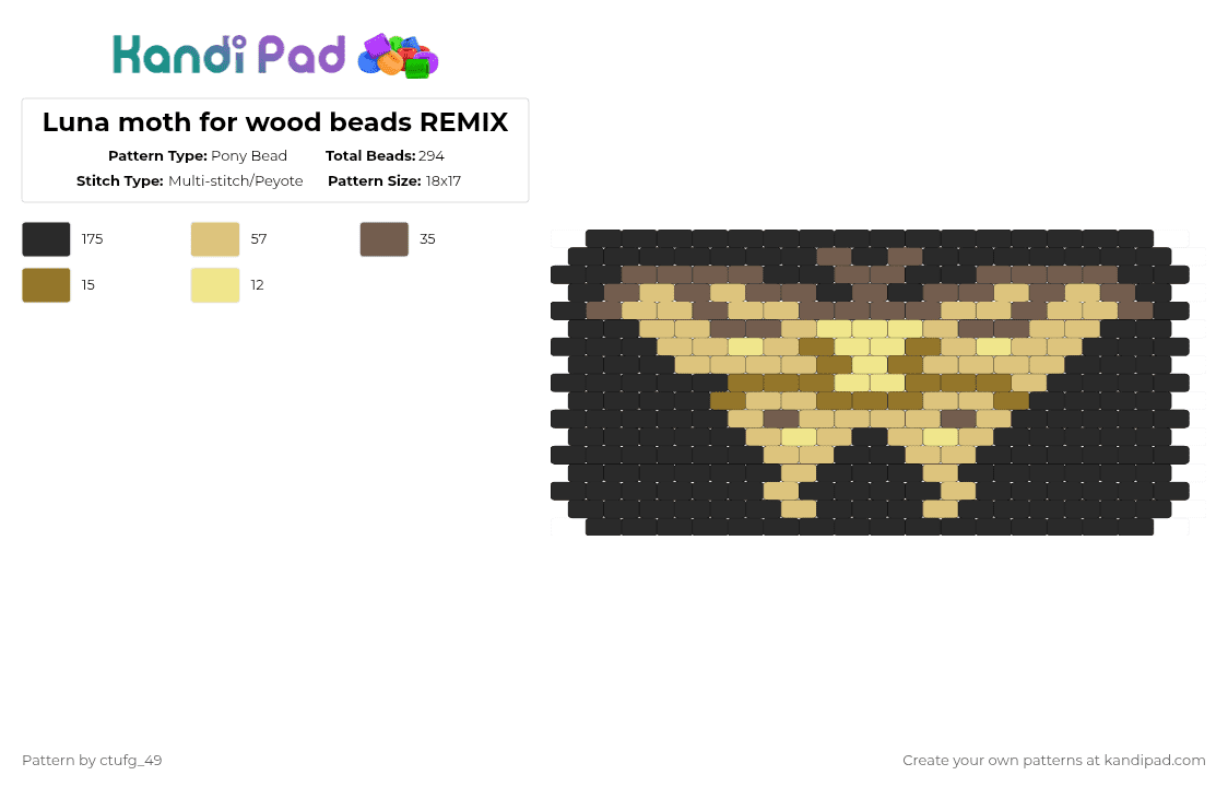 Luna moth for wood beads REMIX - Pony Bead Pattern by ctufg_49 on Kandi Pad - black,tan,beige