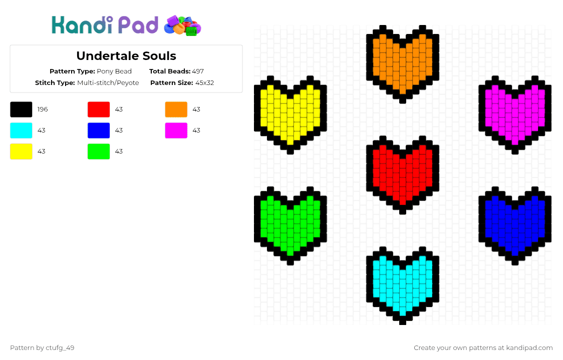 Undertale Souls - Pony Bead Pattern by ctufg_49 on Kandi Pad - orange,purple,yellow,colorful,undertale,toby fox,souls,undertale souls,hearts,undertale hearts