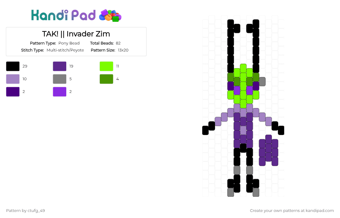TAK! || Invader Zim - Pony Bead Pattern by ctufg_49 on Kandi Pad - green,purple,invader zim,iz,irken,tak,tak iz,tak invader zim