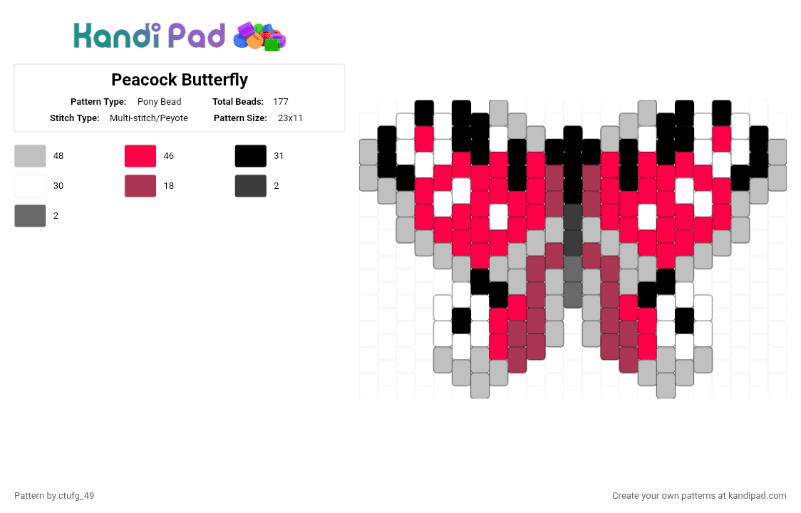 Peacock Butterfly - Pony Bead Pattern by ctufg_49 on Kandi Pad - beige,red,peacock butterfly,aglais io,red butterfly,remix
