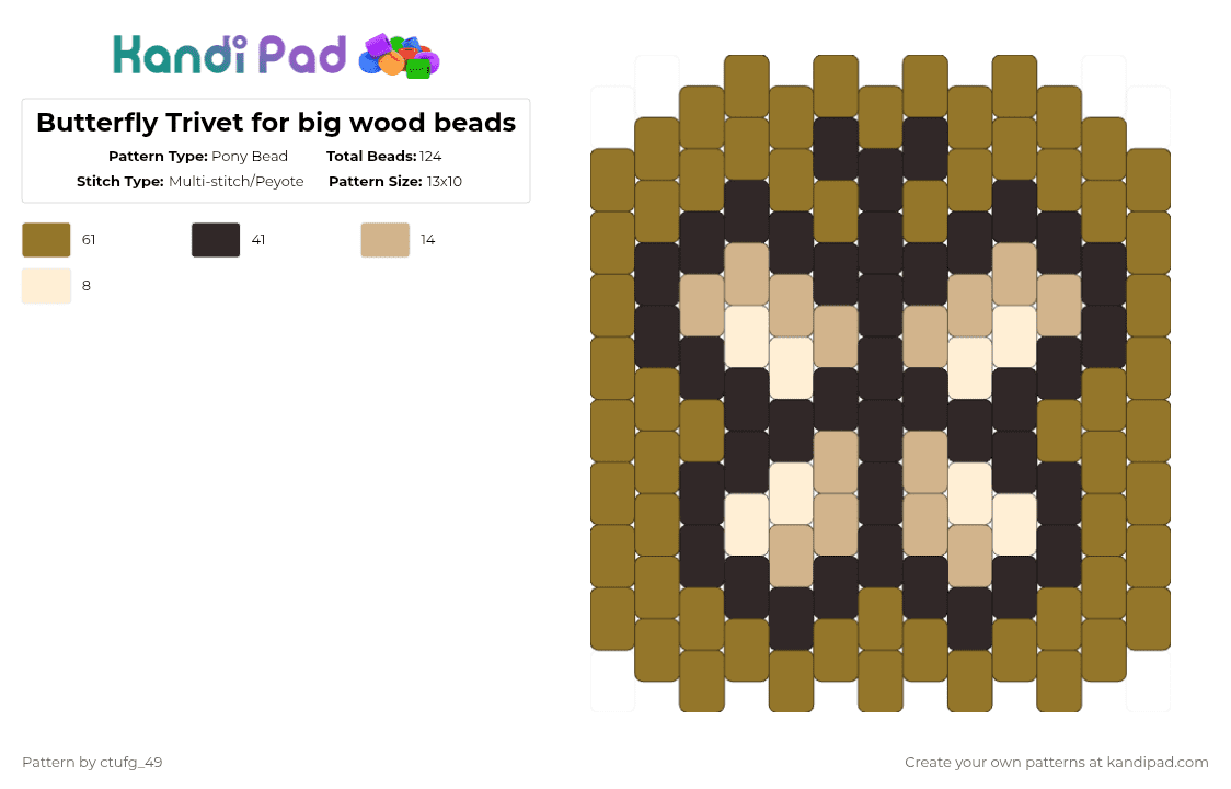 Butterfly Trivet for big wood beads - Pony Bead Pattern by ctufg_49 on Kandi Pad - beige,gold