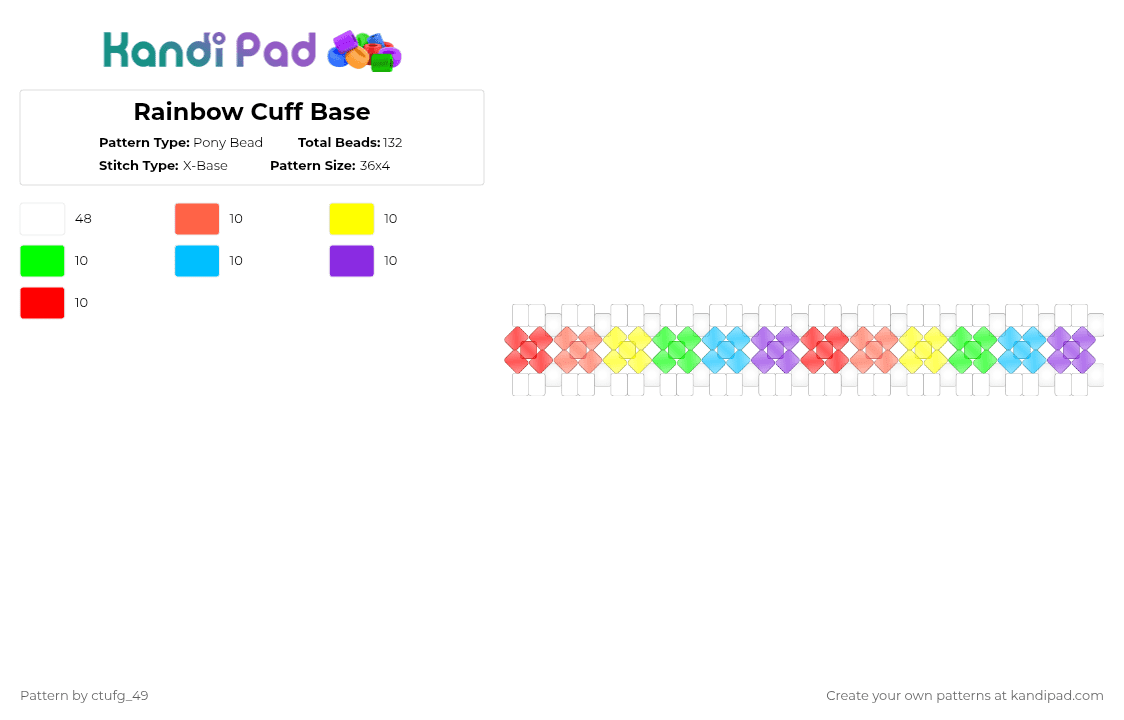 Rainbow Cuff Base - Pony Bead Pattern by ctufg_49 on Kandi Pad - white,red,rainbow,clear,x base,3d cuff
