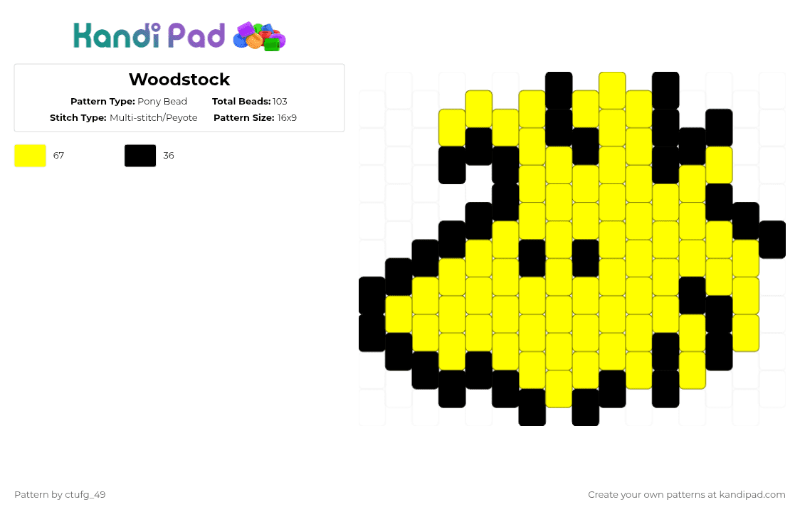 Woodstock - Pony Bead Pattern by ctufg_49 on Kandi Pad - black,yellow,woodstock,peanuts,woodstock peanuts,snoopy,snoopy peanuts,charlie brown