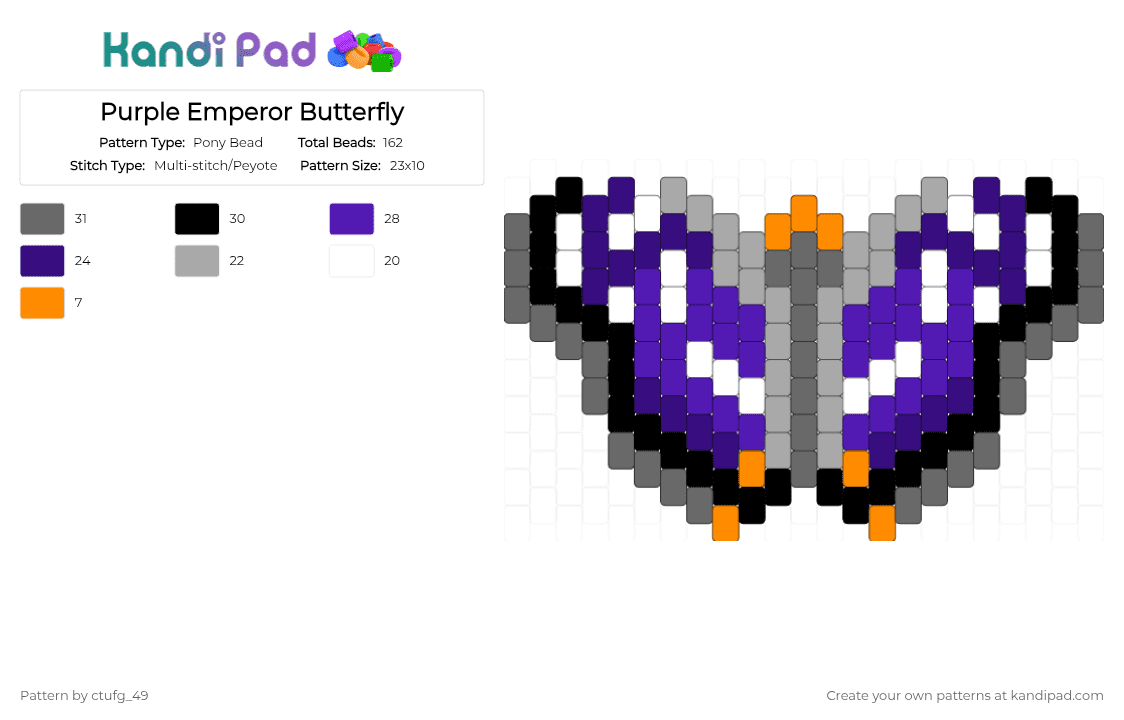 Purple Emperor Butterfly - Pony Bead Pattern by ctufg_49 on Kandi Pad - gray,purple,purple emperor butterfly,purple emperor,purple butterfly,butterfly,apatura iris