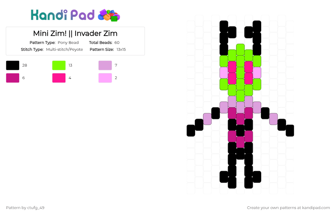 Mini Zim! || Invader Zim - Pony Bead Pattern by ctufg_49 on Kandi Pad - green,pink,zim,invader zim,iz,zim iz,irken,invader