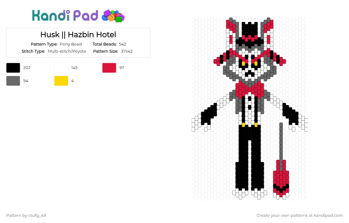 Husk || Hazbin Hotel - Pony Bead Pattern by ctufg_49 on Kandi Pad - gray, red