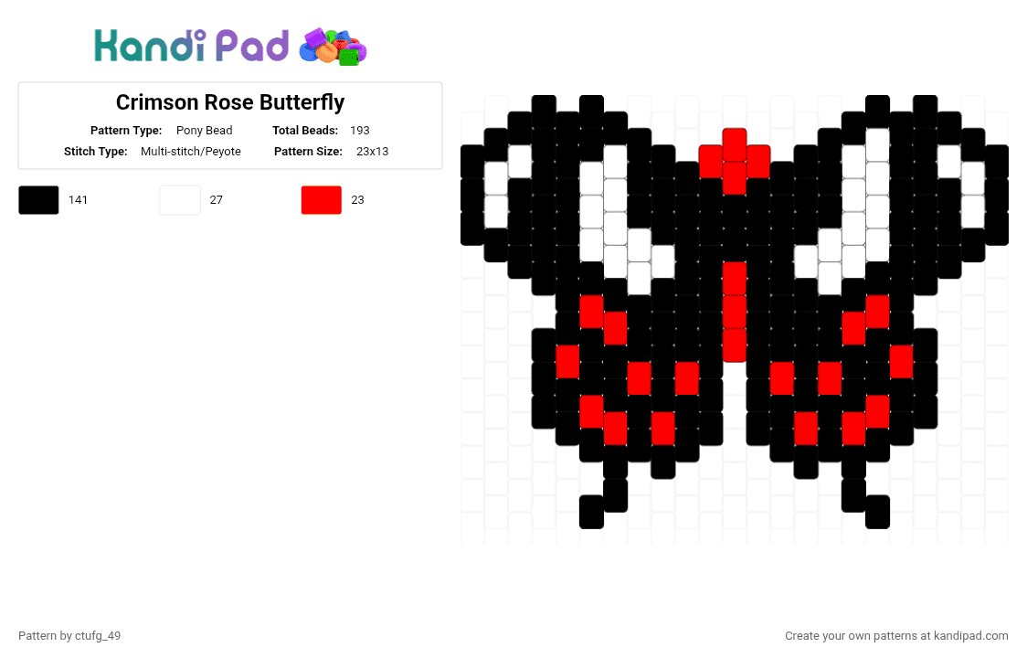 Crimson Rose Butterfly - Pony Bead Pattern by ctufg_49 on Kandi Pad - black,white,red,crimson rose butterfly,pachliopta hector,butterfly,red butterfly,crimson butterfly,crimson