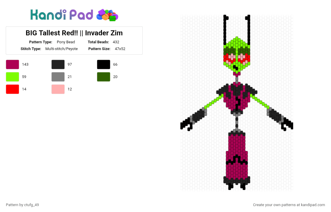 BIG Tallest Red!! || Invader Zim - Pony Bead Pattern by ctufg_49 on Kandi Pad - green,pink,red,tallest red,almighty tallest red,iz red,iz tallest red,invader zim,iz,the almighty tallest